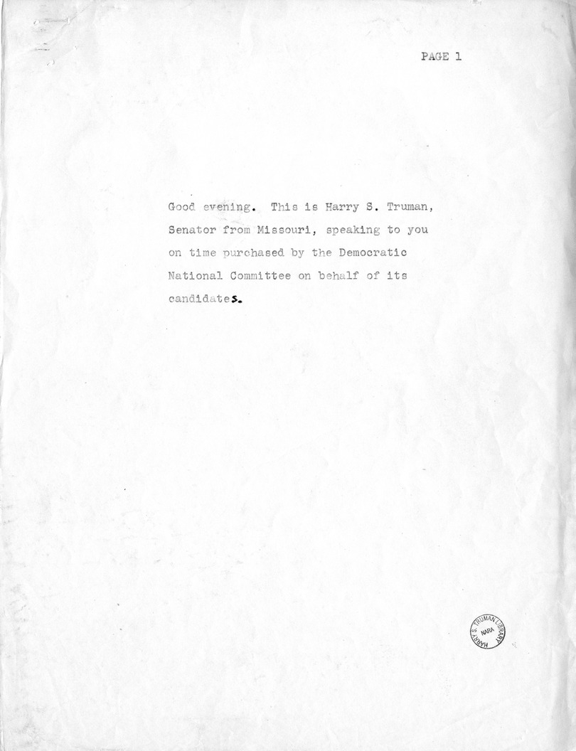 Reading Copy of Radio Speech by Vice Presidential Candidate Harry S. Truman