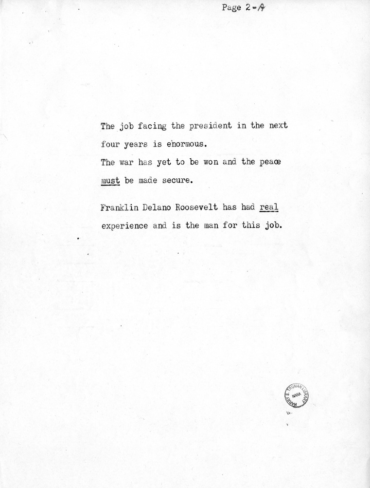 Reading Copy of Radio Speech by Vice Presidential Candidate Harry S. Truman