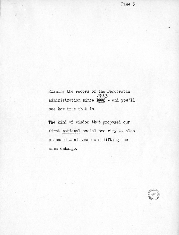 Reading Copy of Radio Speech by Vice Presidential Candidate Harry S. Truman