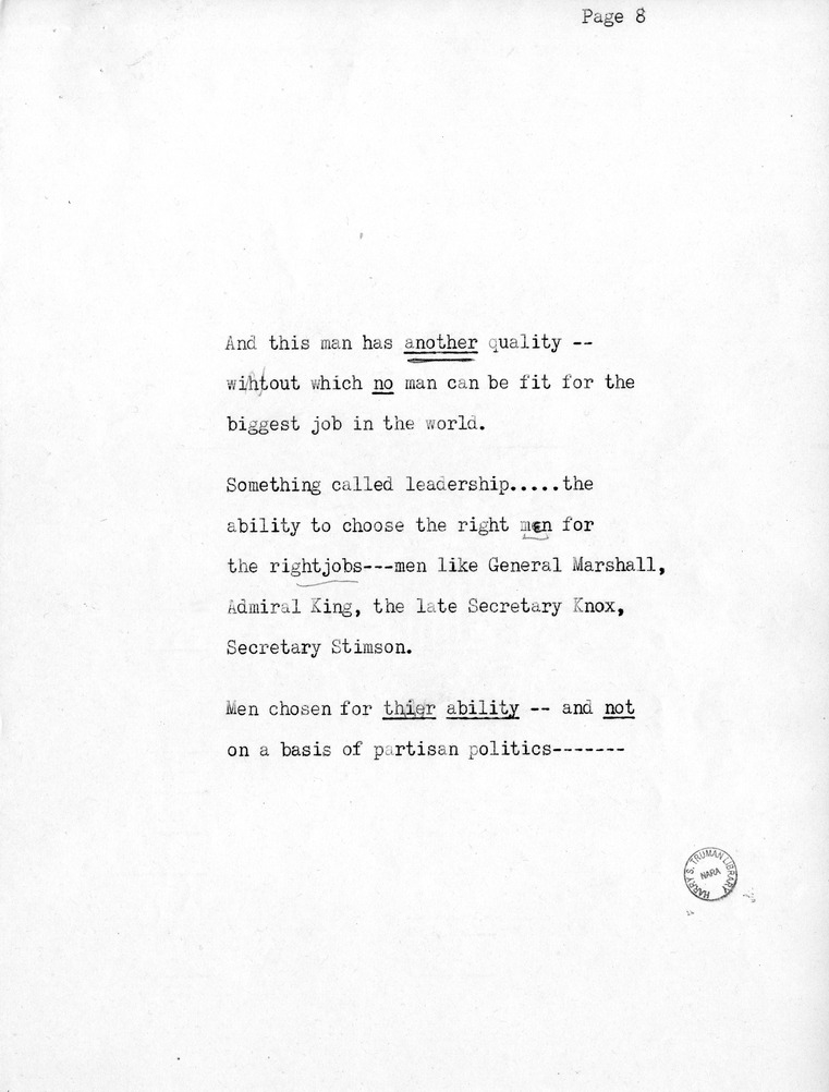 Reading Copy of Radio Speech by Vice Presidential Candidate Harry S. Truman