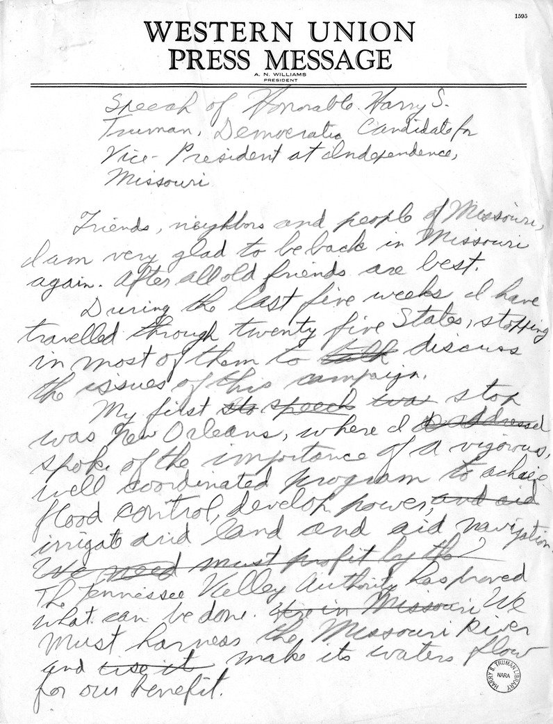 Draft Campaign speech of Vice Presidential Candidate Harry S. Truman at Independence, Missouri