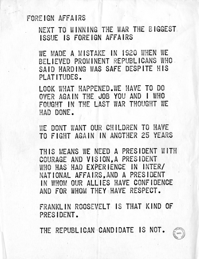 Campaign Speech of Vice Presidential Candidate Harry S. Truman on Foreign Affairs
