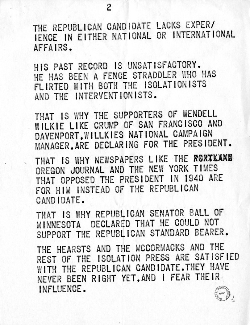 Campaign Speech of Vice Presidential Candidate Harry S. Truman on Foreign Affairs