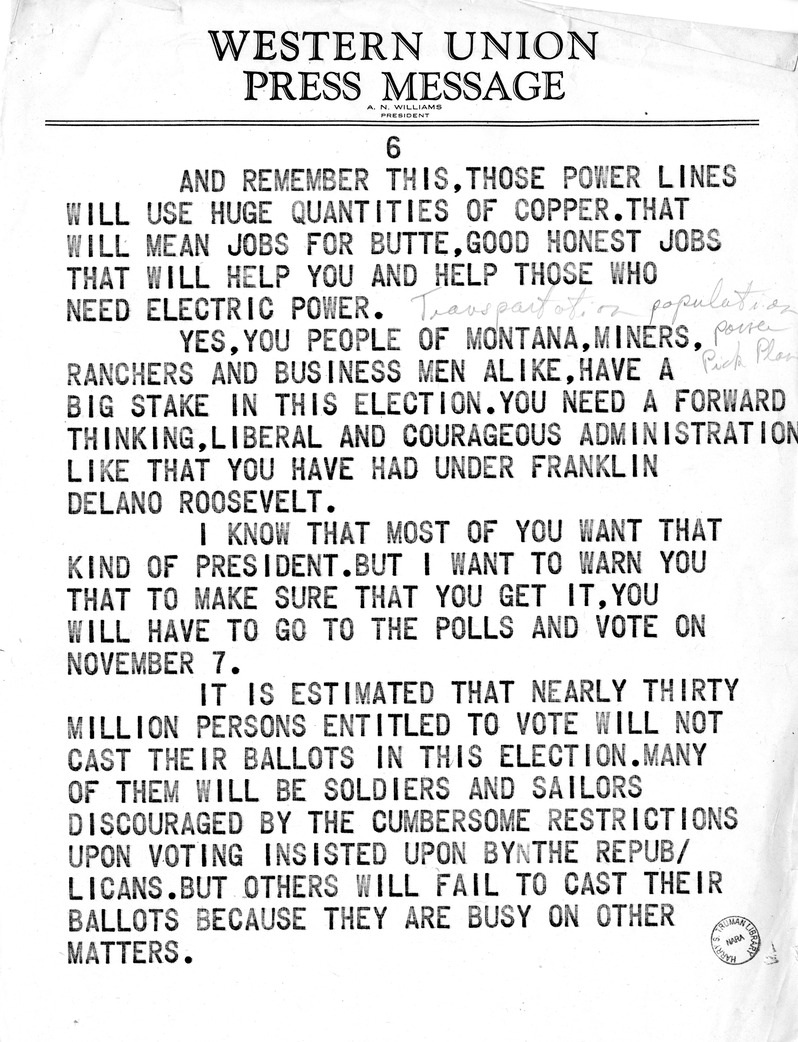 Campaign Speech of Vice Presidential Candidate Harry S. Truman in Butte, Montana