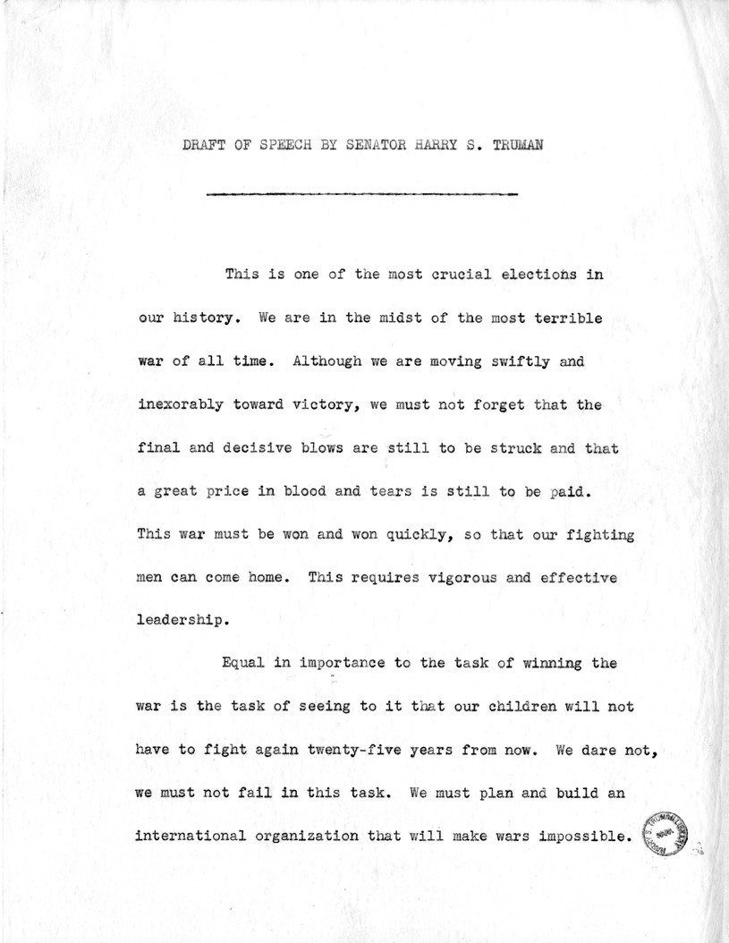 Draft Speech of Senator Harry S. Truman