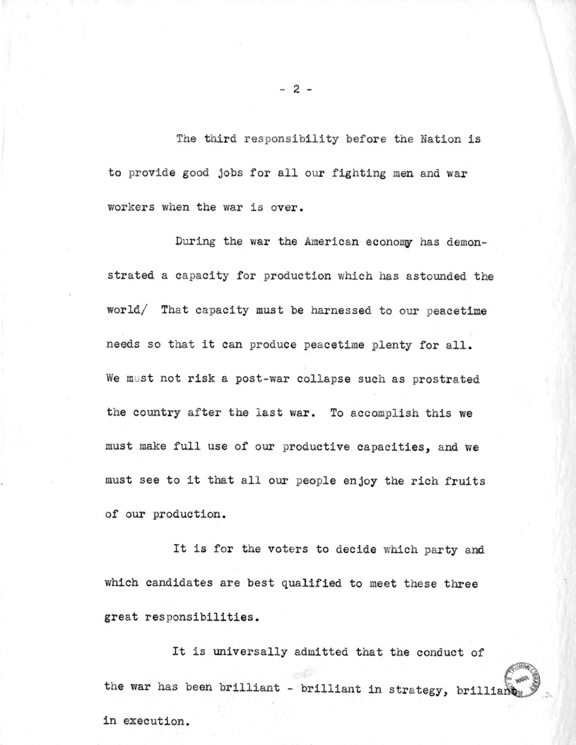 Draft Speech of Senator Harry S. Truman