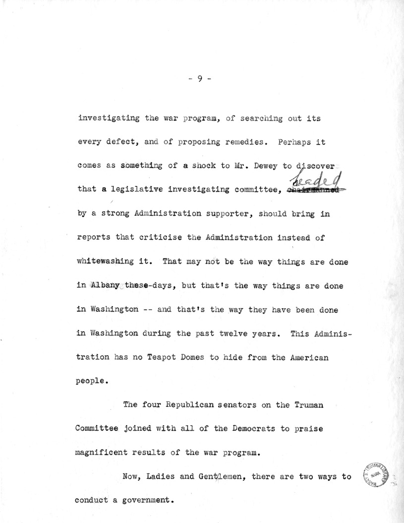 Draft Speech of Senator Harry S. Truman