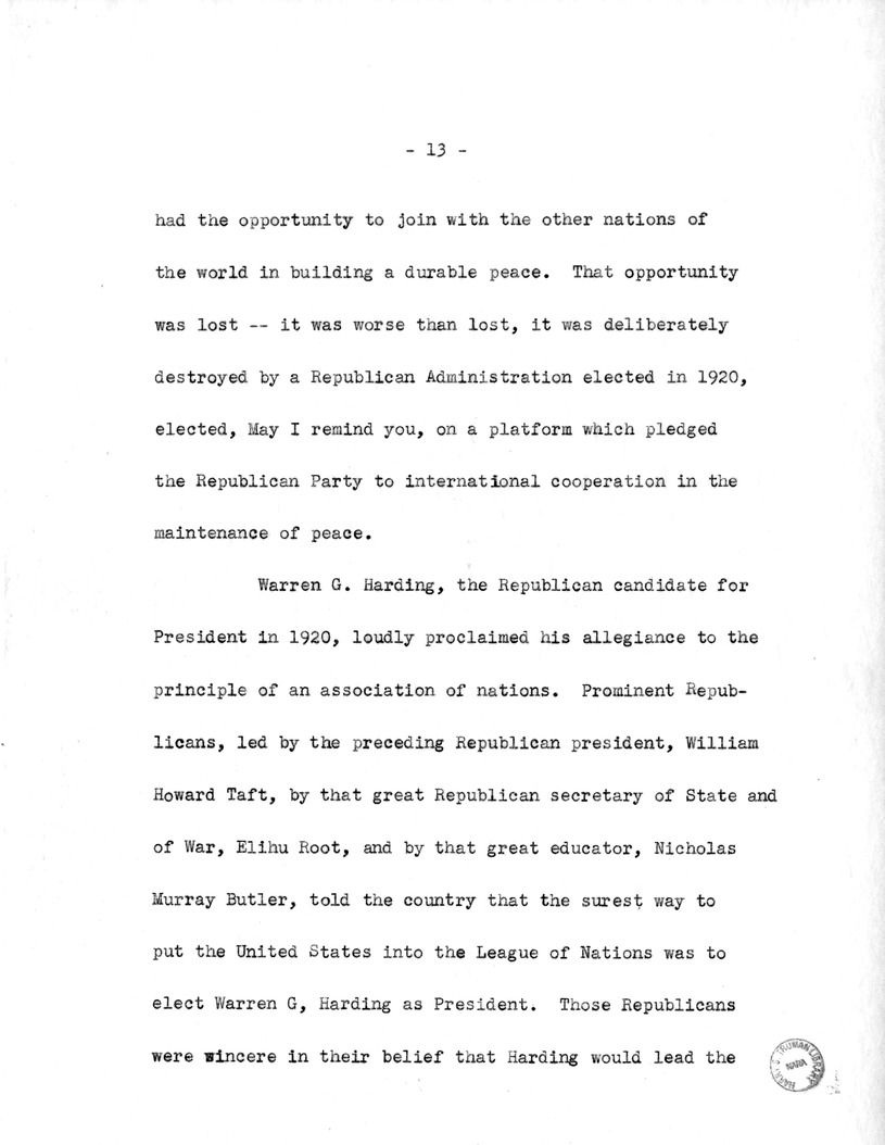 Draft Speech of Senator Harry S. Truman