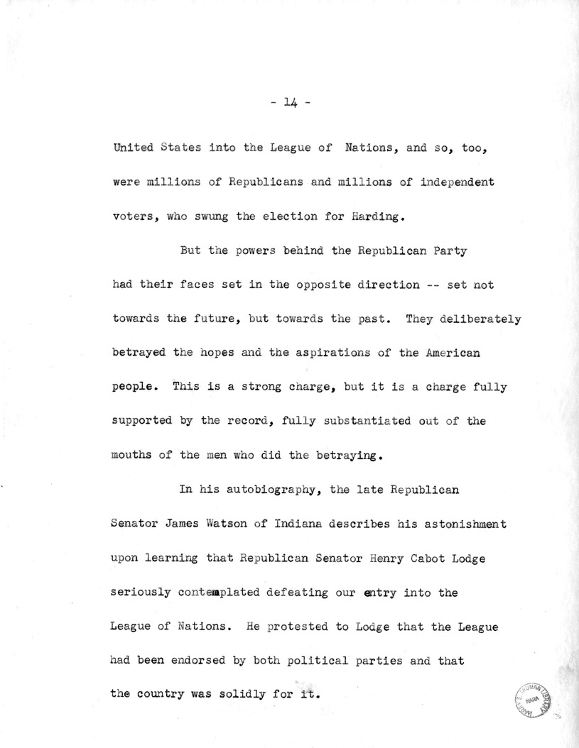 Draft Speech of Senator Harry S. Truman