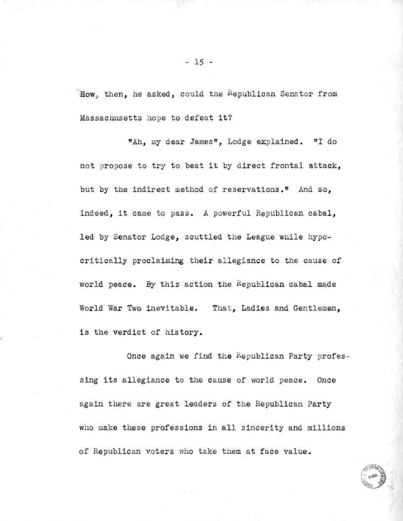 Draft Speech of Senator Harry S. Truman