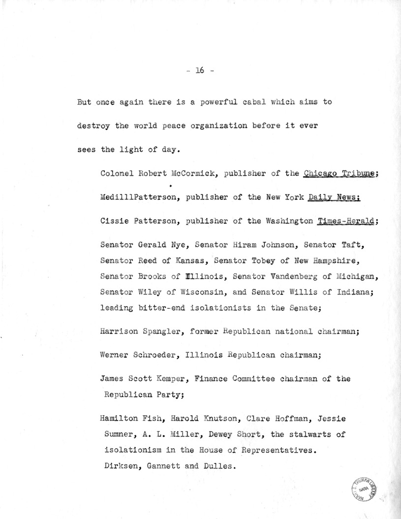 Draft Speech of Senator Harry S. Truman