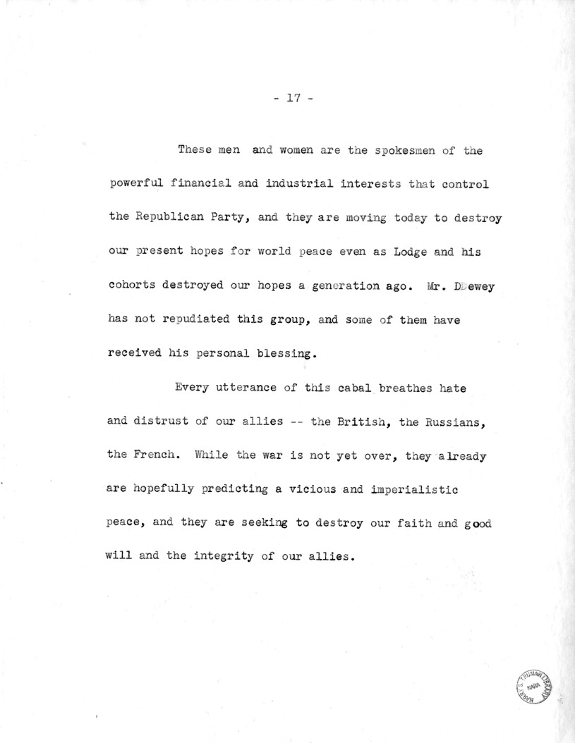 Draft Speech of Senator Harry S. Truman