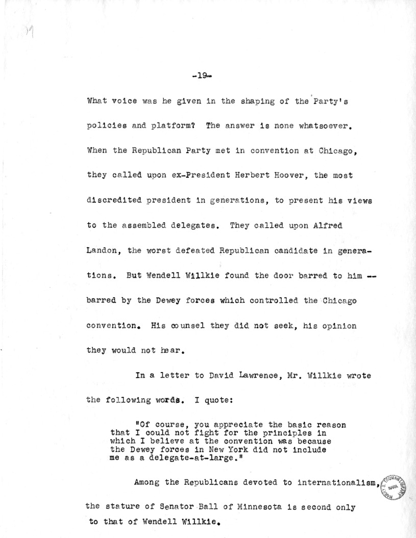 Draft Speech of Senator Harry S. Truman