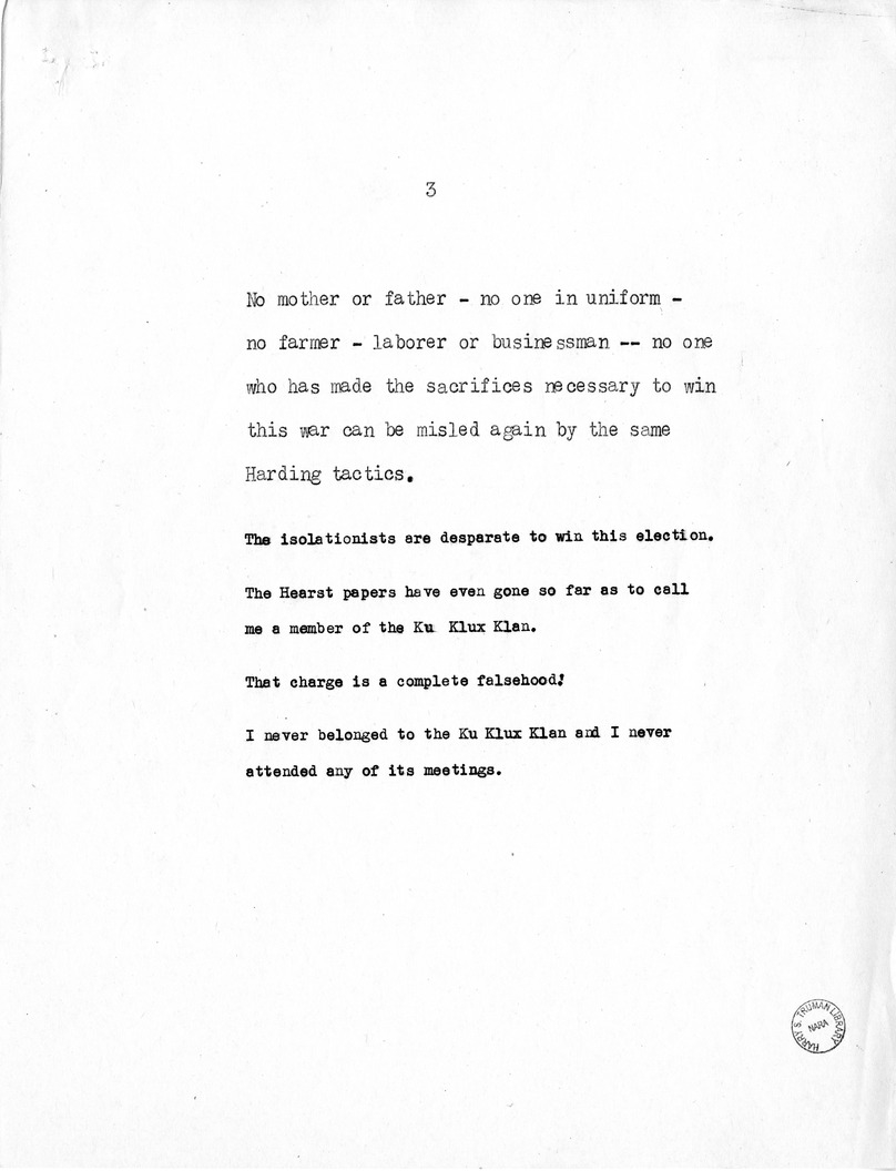 Speech of Senator Harry S. Truman at the American Legion National Convention in Chicago, Illinois