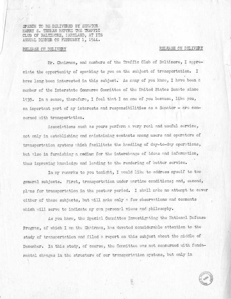 Speech of Senator Harry S. Truman Before the Traffic Club of Baltimore, Maryland