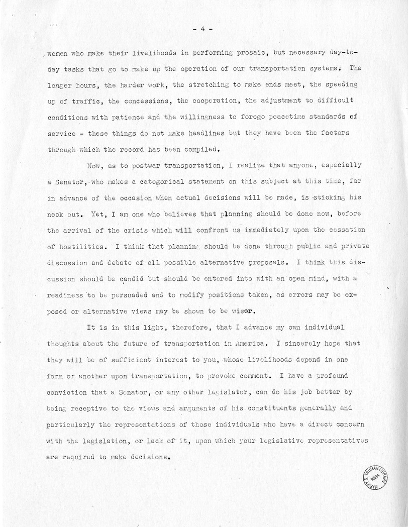 Speech of Senator Harry S. Truman Before the Traffic Club of Baltimore, Maryland