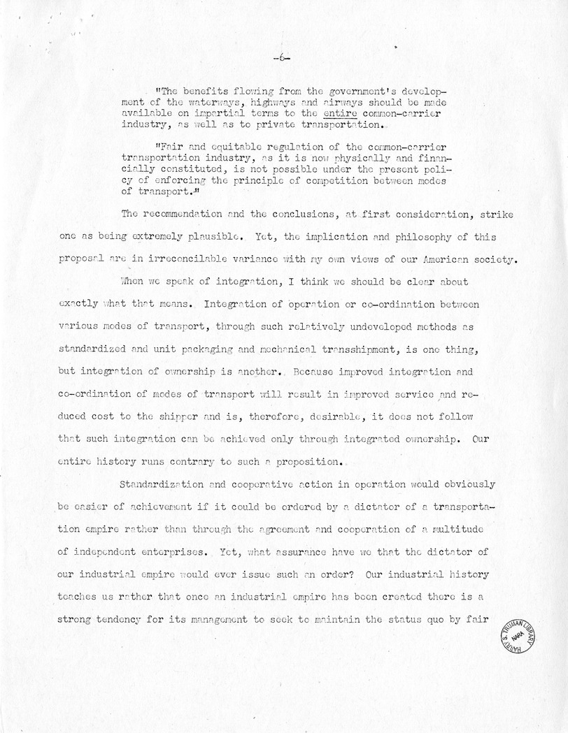 Speech of Senator Harry S. Truman Before the Traffic Club of Baltimore, Maryland