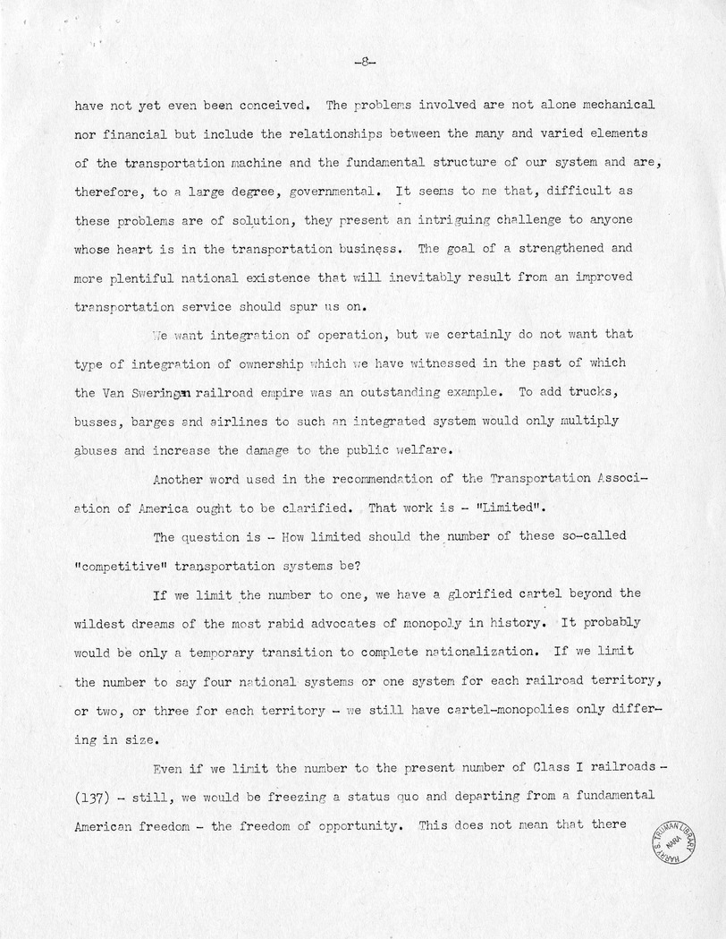 Speech of Senator Harry S. Truman Before the Traffic Club of Baltimore, Maryland