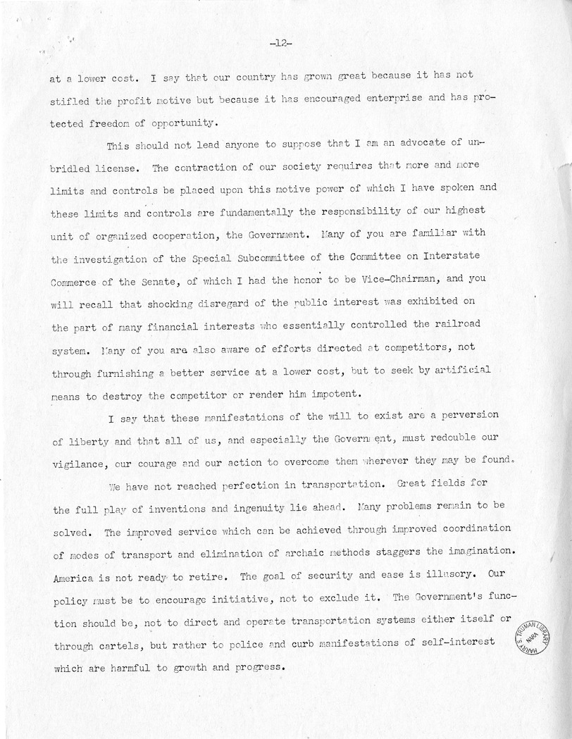 Speech of Senator Harry S. Truman Before the Traffic Club of Baltimore, Maryland