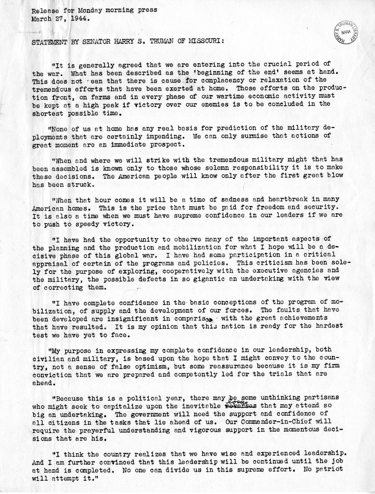 Statement of Senator Harry S. Truman