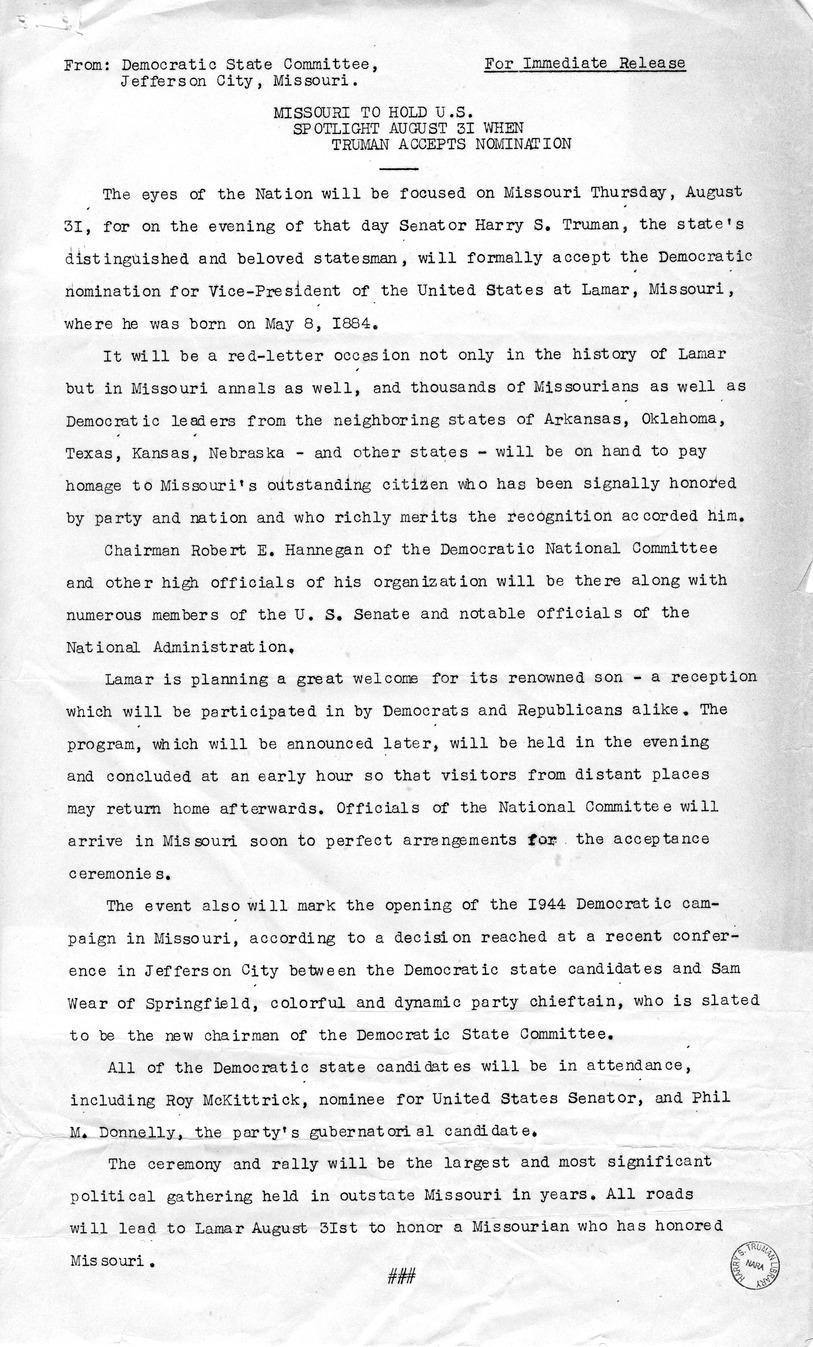 Press Release from the Democratic State Committee, Jefferson City, Missouri