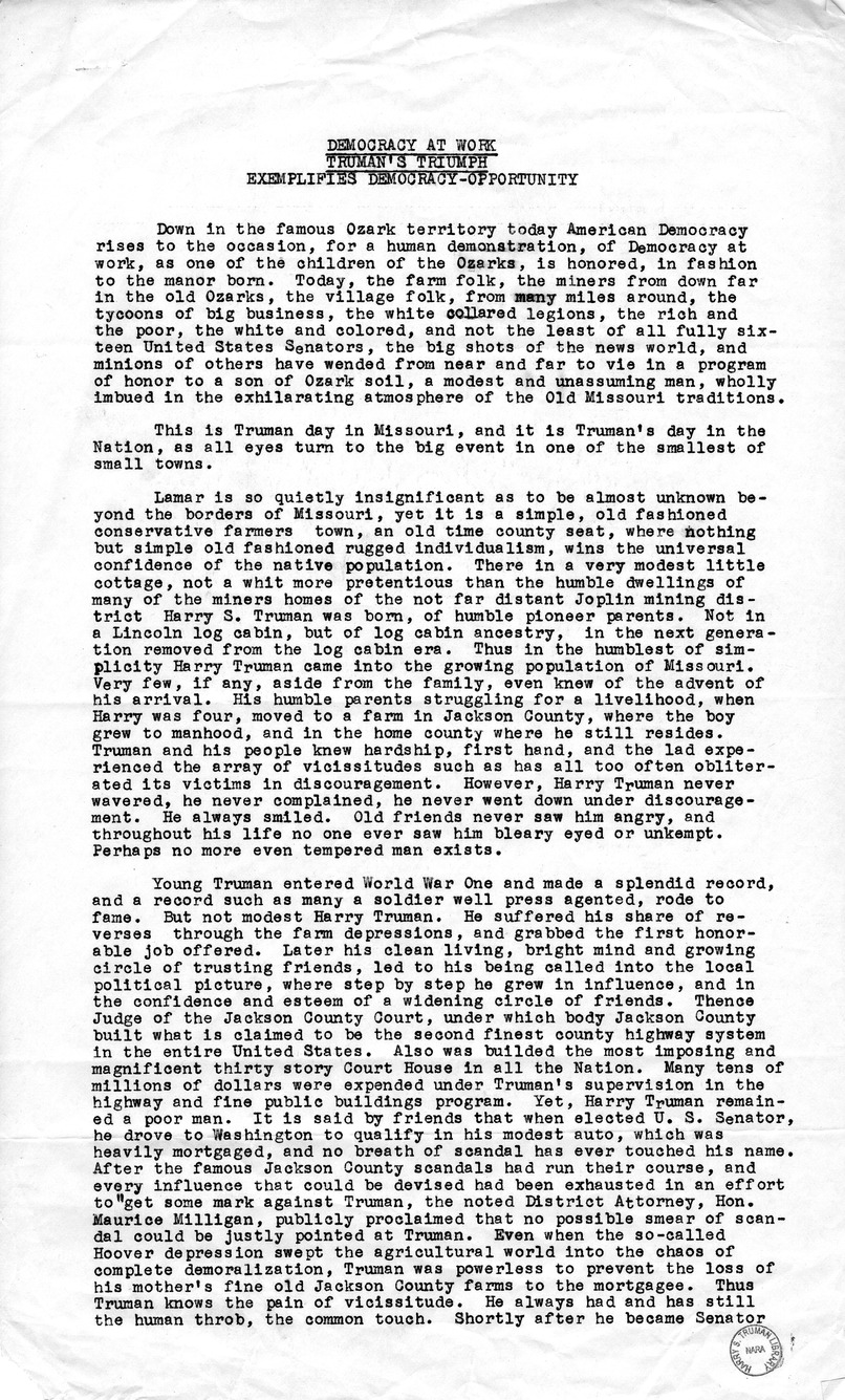 Newspaper Article, "Democracy at Work - Truman's Triumph  Exemplifies Democracy-Opportunity"
