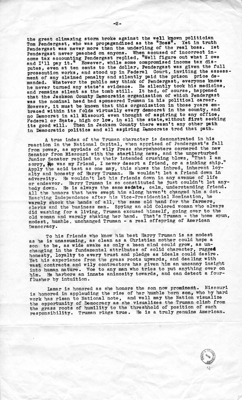 Newspaper Article, "Democracy at Work - Truman's Triumph  Exemplifies Democracy-Opportunity"