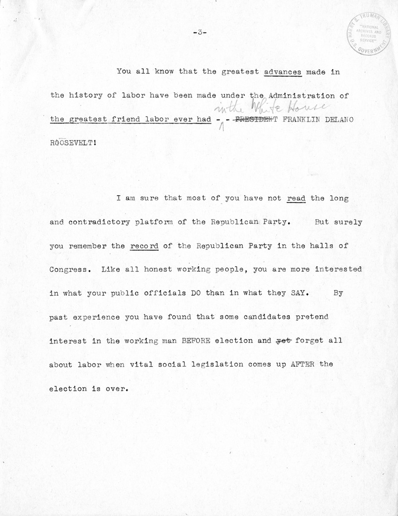Draft of Labor Day Speech of Senator Harry S. Truman at Cadillac Square, Detroit, Michigan