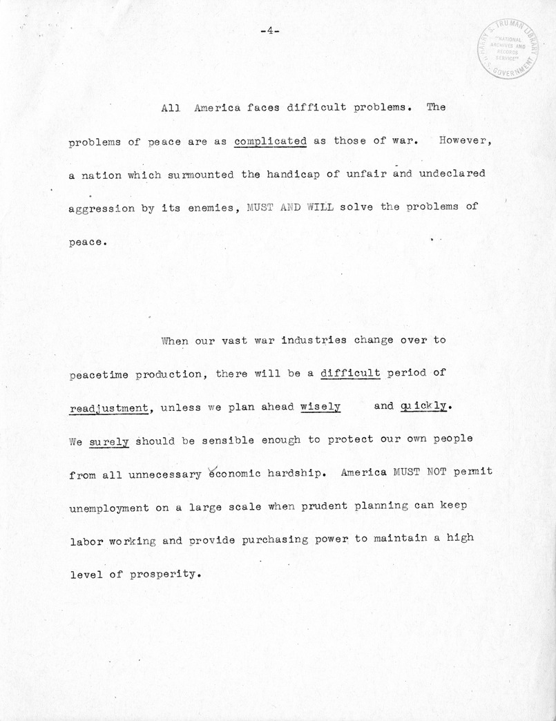 Draft of Labor Day Speech of Senator Harry S. Truman at Cadillac Square, Detroit, Michigan