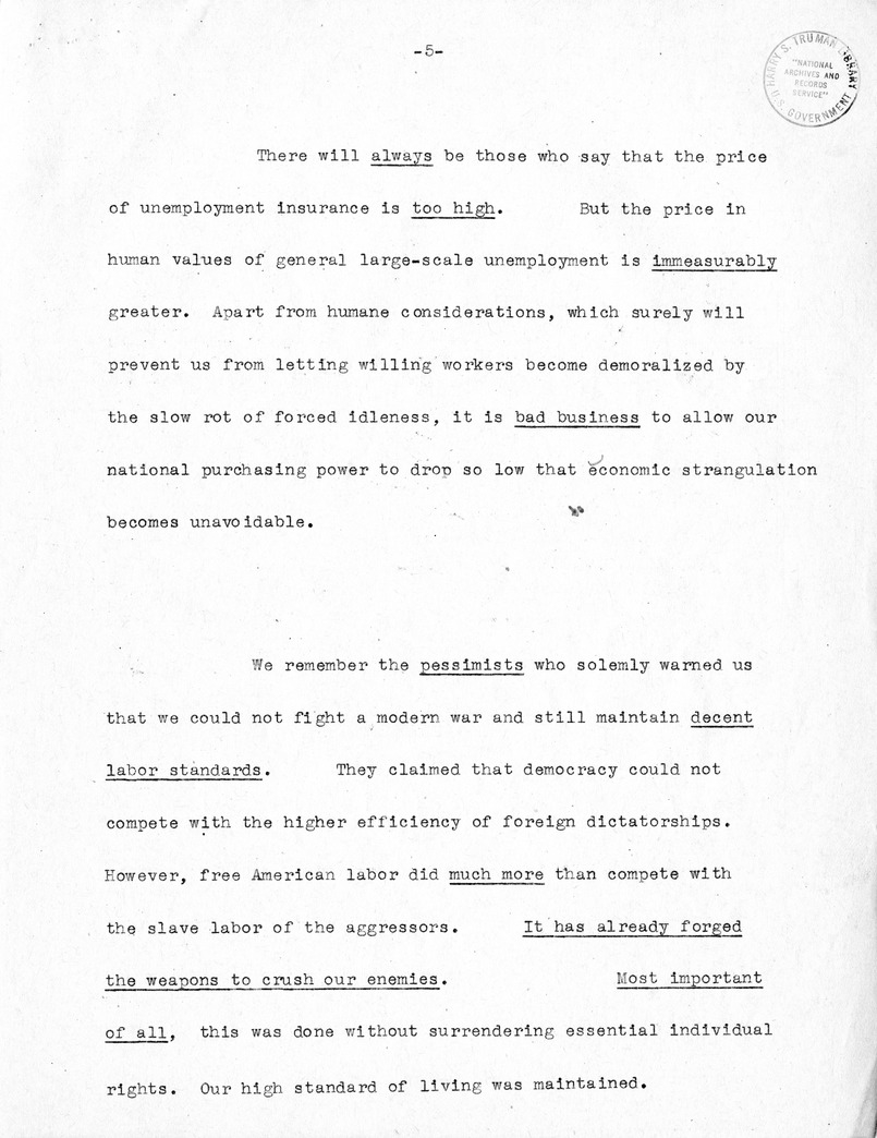 Draft of Labor Day Speech of Senator Harry S. Truman at Cadillac Square, Detroit, Michigan