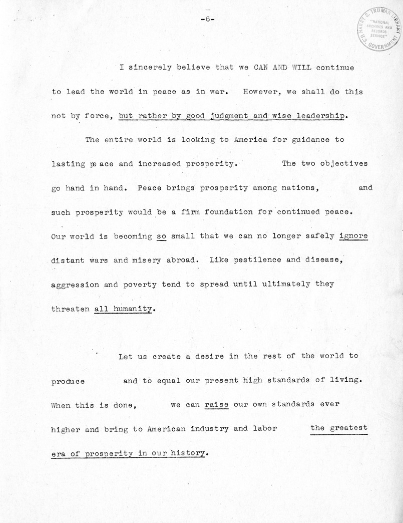 Draft of Labor Day Speech of Senator Harry S. Truman at Cadillac Square, Detroit, Michigan