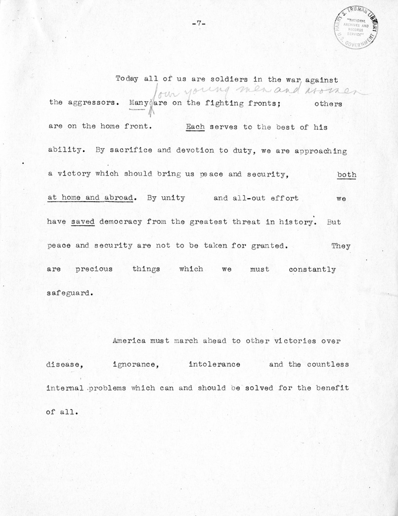 Draft of Labor Day Speech of Senator Harry S. Truman at Cadillac Square, Detroit, Michigan