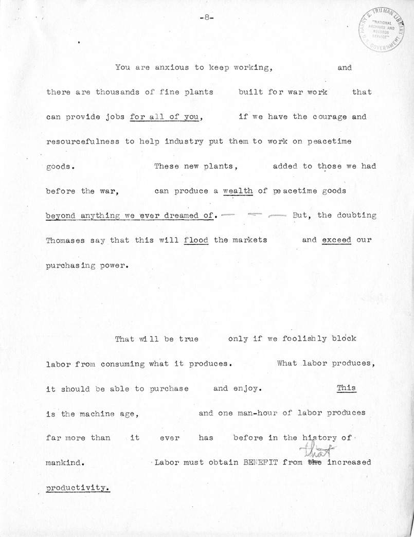 Draft of Labor Day Speech of Senator Harry S. Truman at Cadillac Square, Detroit, Michigan