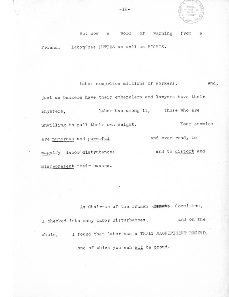 Draft of Labor Day Speech of Senator Harry S. Truman at Cadillac Square, Detroit, Michigan