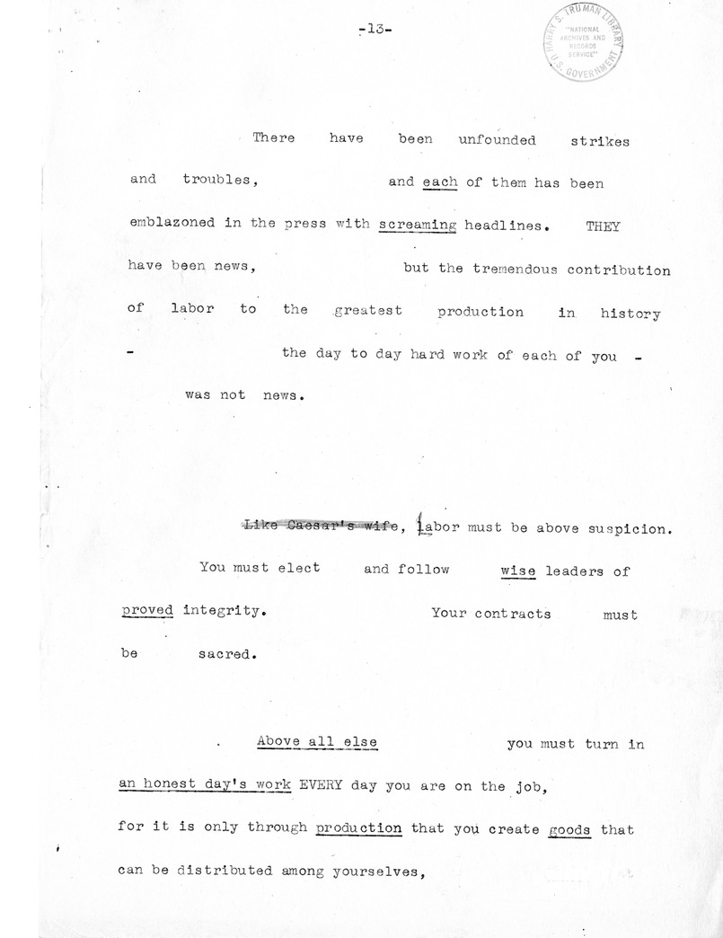 Draft of Labor Day Speech of Senator Harry S. Truman at Cadillac Square, Detroit, Michigan