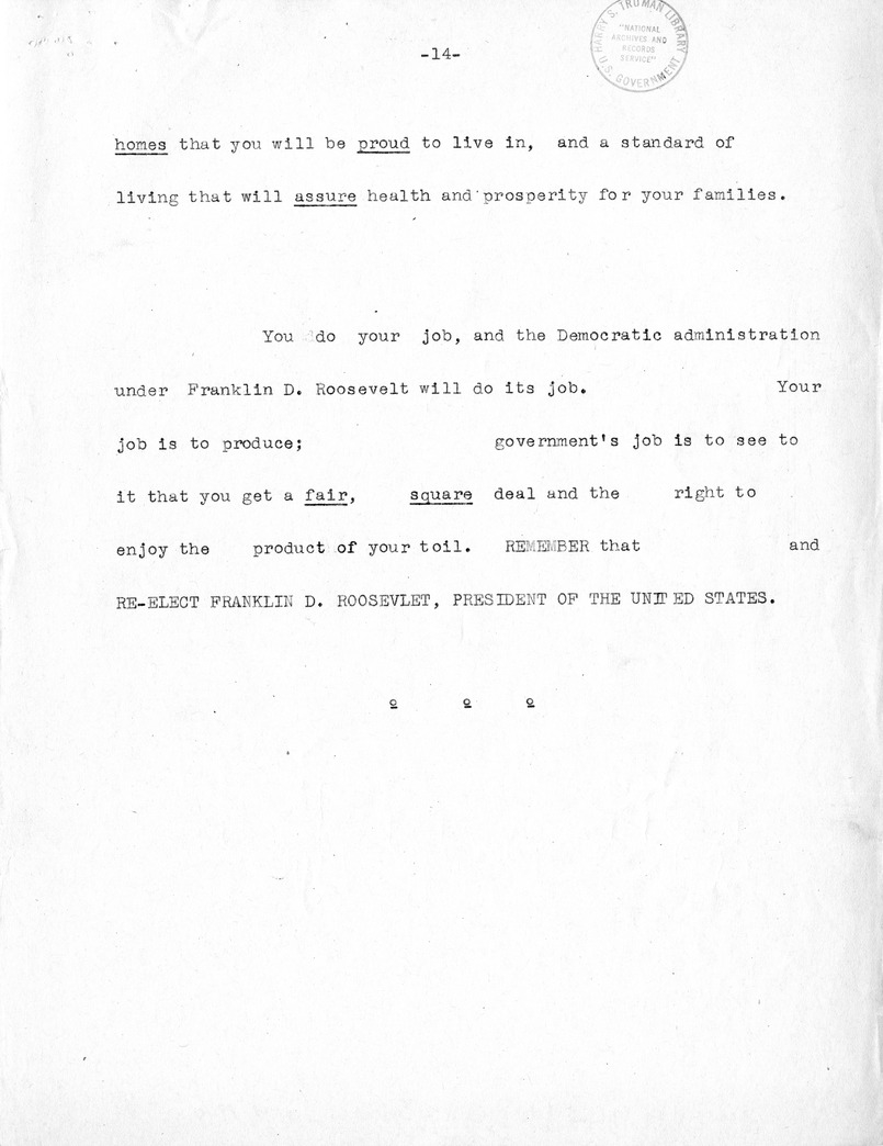 Draft of Labor Day Speech of Senator Harry S. Truman at Cadillac Square, Detroit, Michigan