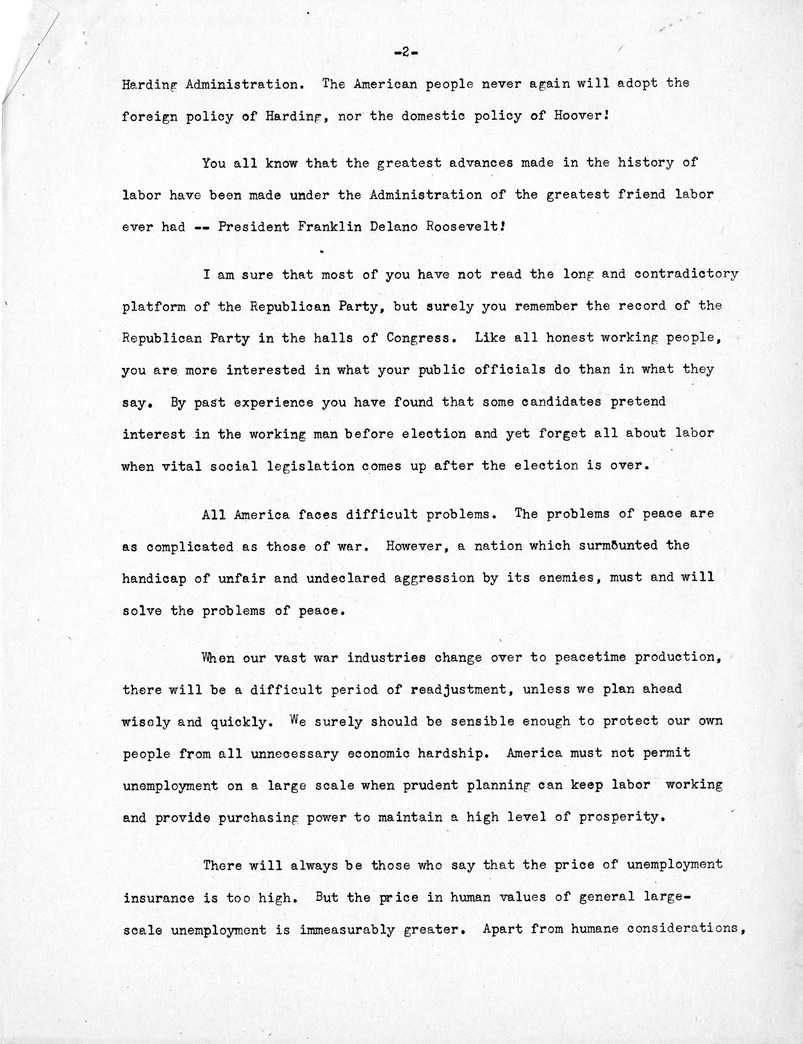Press Release of Labor Day Speech of Senator Harry S. Truman in Detroit, Michigan