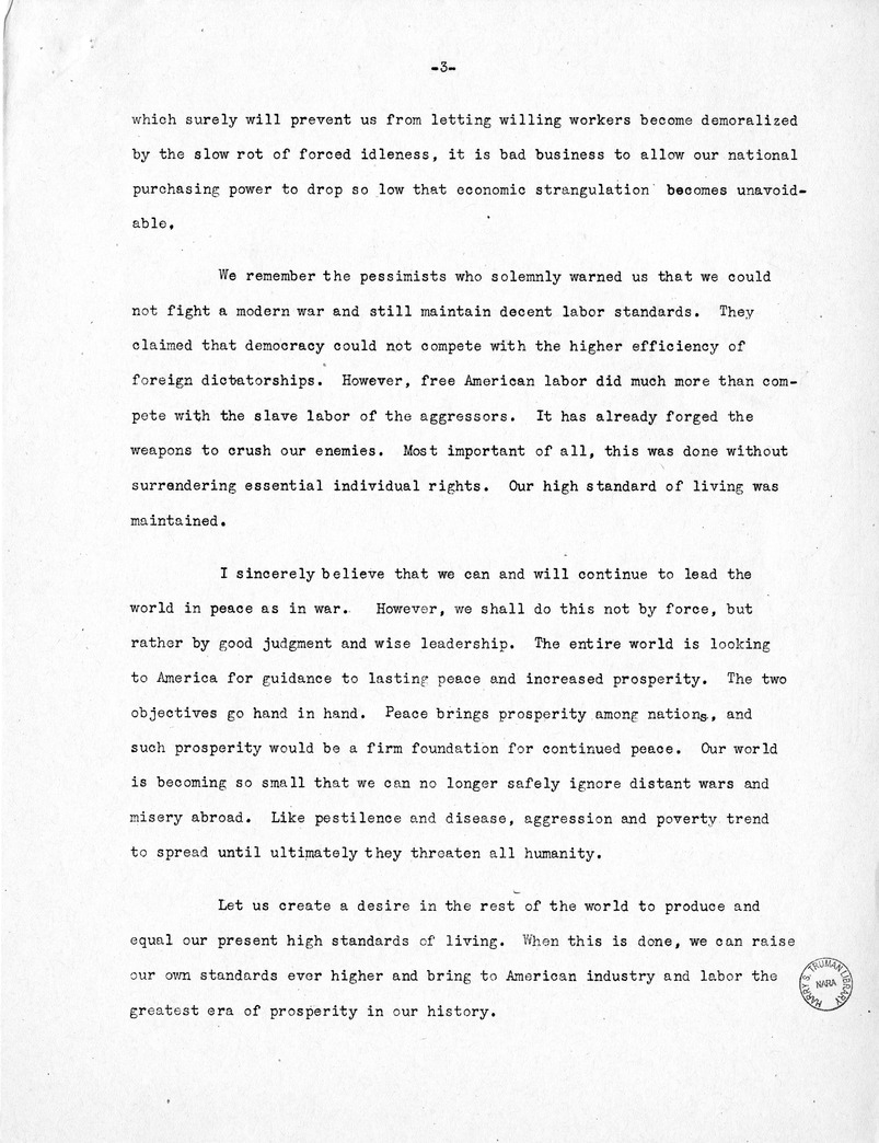 Press Release of Labor Day Speech of Senator Harry S. Truman in Detroit, Michigan