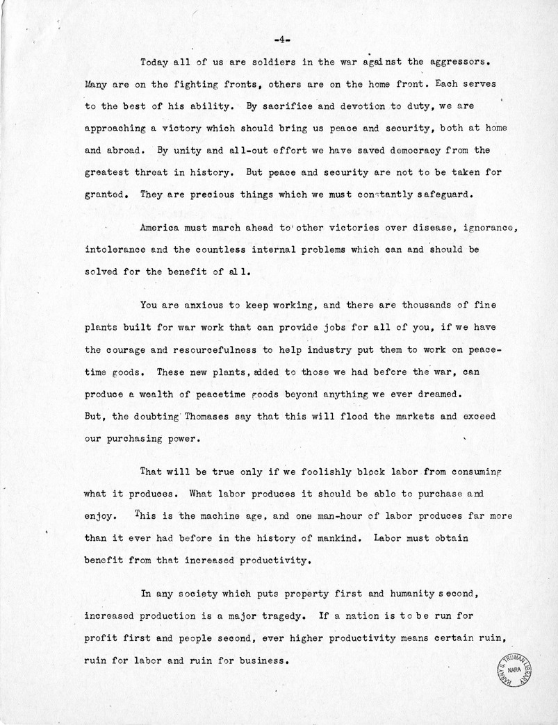 Press Release of Labor Day Speech of Senator Harry S. Truman in Detroit, Michigan