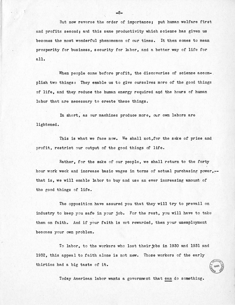 Press Release of Labor Day Speech of Senator Harry S. Truman in Detroit, Michigan