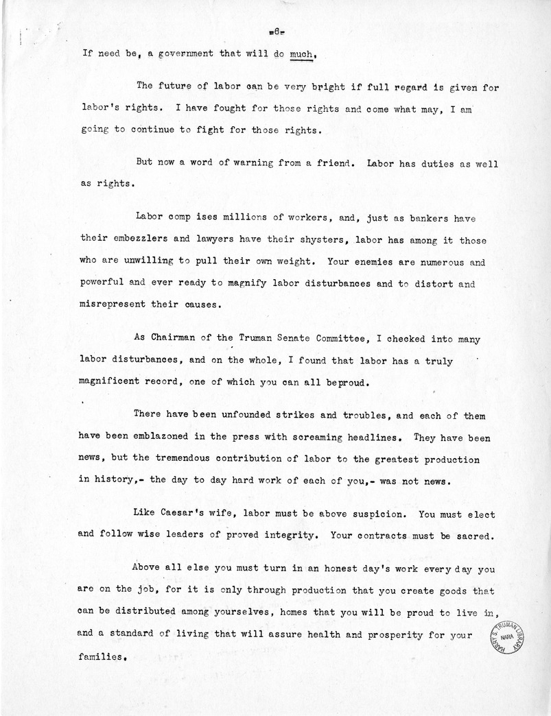 Press Release of Labor Day Speech of Senator Harry S. Truman in Detroit, Michigan