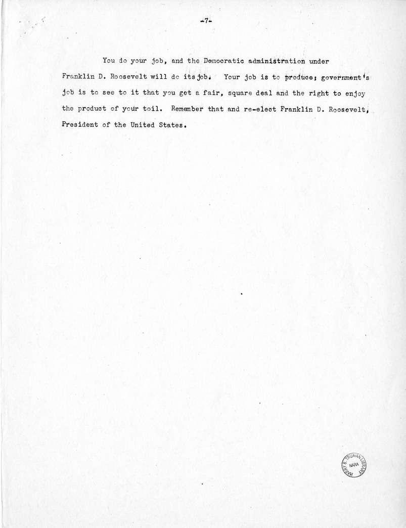 Press Release of Labor Day Speech of Senator Harry S. Truman in Detroit, Michigan
