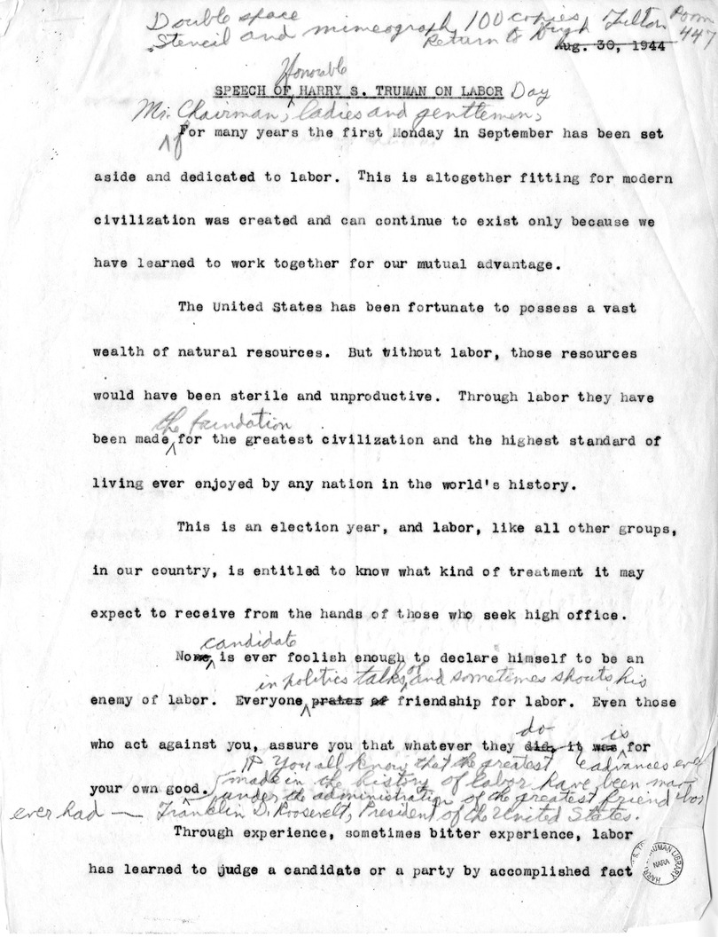 Draft of Labor Day Speech of Senator Harry S. Truman on Labor Day at Detroit, Michigan