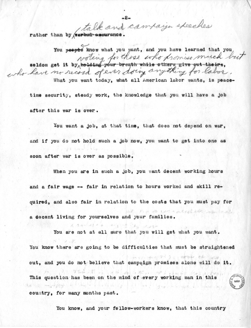 Draft of Labor Day Speech of Senator Harry S. Truman on Labor Day at Detroit, Michigan