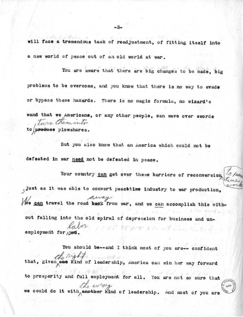 Draft of Labor Day Speech of Senator Harry S. Truman on Labor Day at Detroit, Michigan