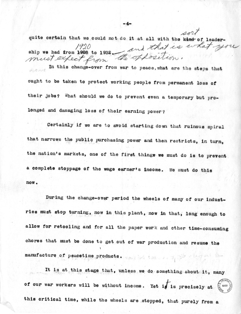 Draft of Labor Day Speech of Senator Harry S. Truman on Labor Day at Detroit, Michigan