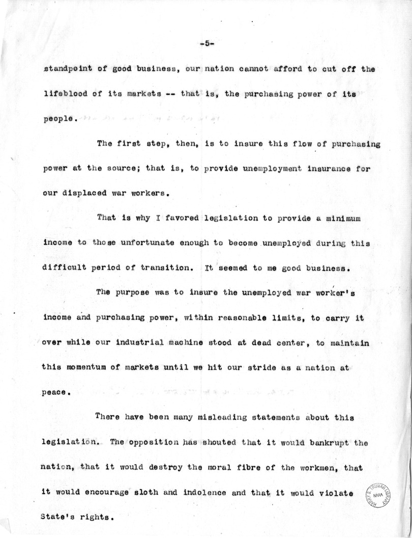 Draft of Labor Day Speech of Senator Harry S. Truman on Labor Day at Detroit, Michigan