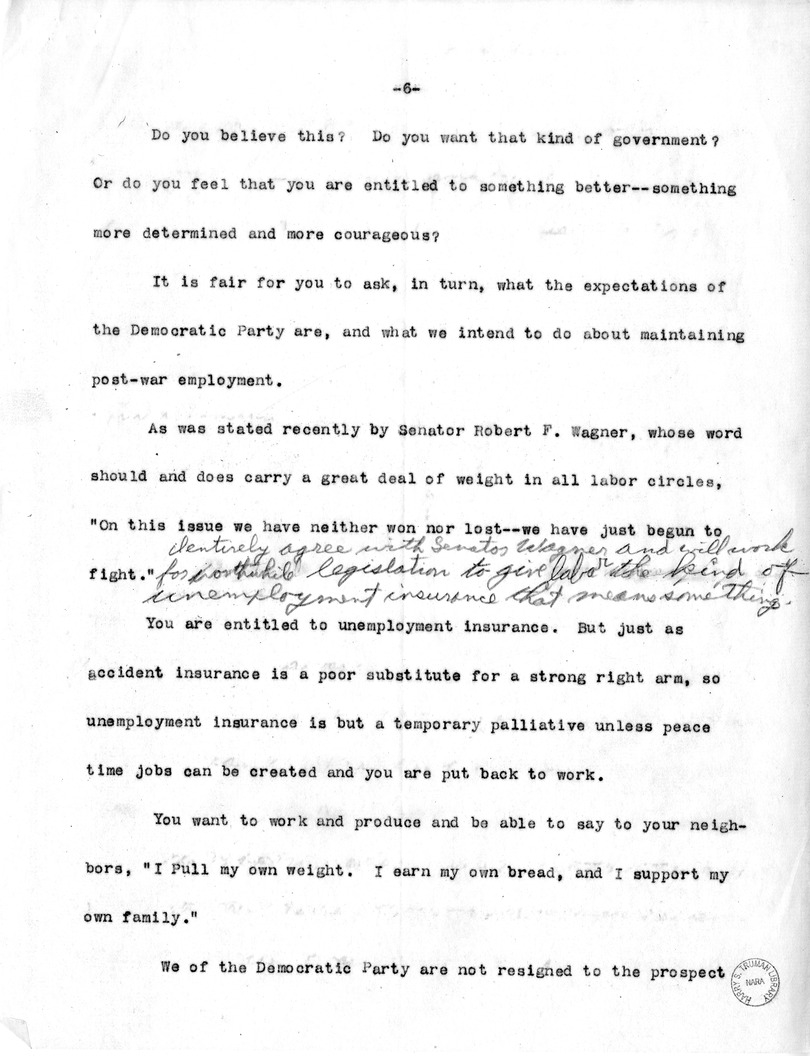 Draft of Labor Day Speech of Senator Harry S. Truman on Labor Day at Detroit, Michigan