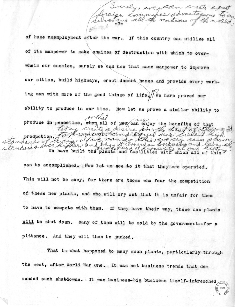 Draft of Labor Day Speech of Senator Harry S. Truman on Labor Day at Detroit, Michigan