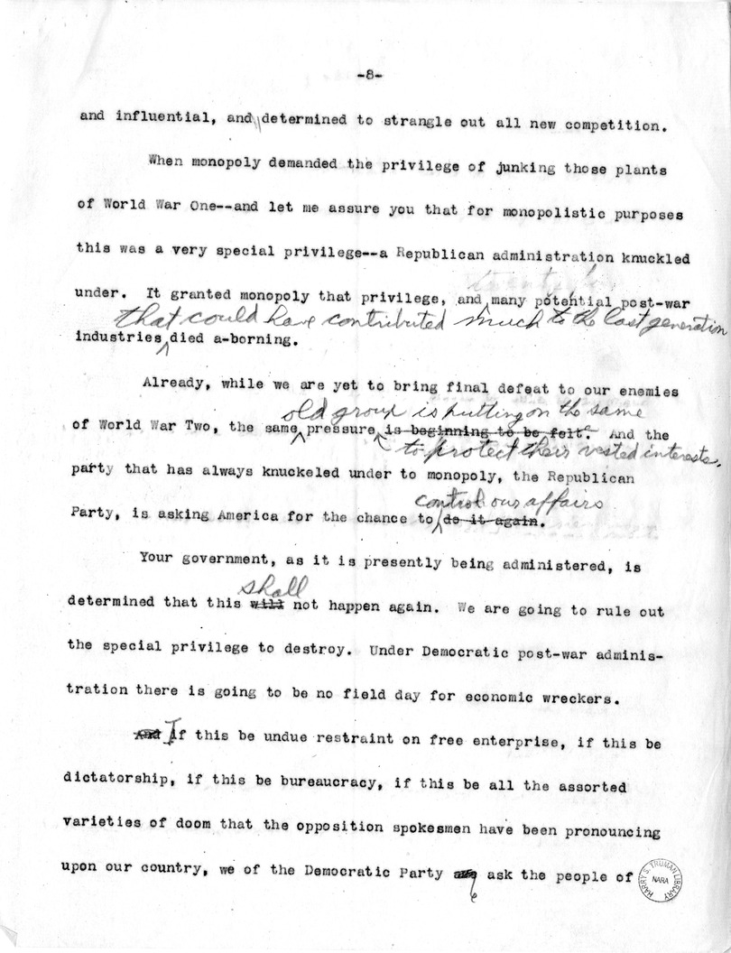 Draft of Labor Day Speech of Senator Harry S. Truman on Labor Day at Detroit, Michigan